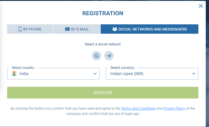 1xbet registration by social media networks