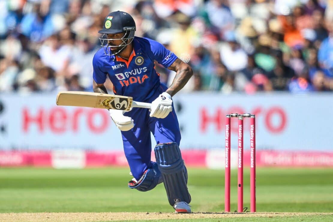 Hardik Pandya of India runs for a quick single in a cricket match
