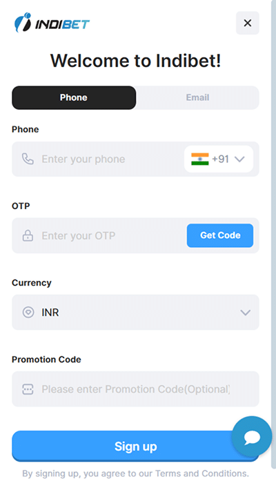 Indibet Sign up form with promotion code step