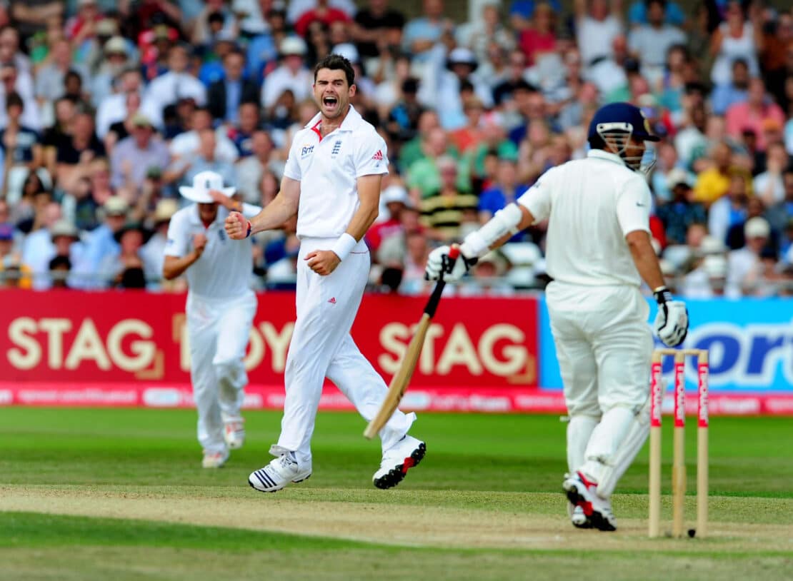 England's James Anderson celebrates India's Sachin Tendulkar LBW during the second test match at Trent Bridge, Nottingham