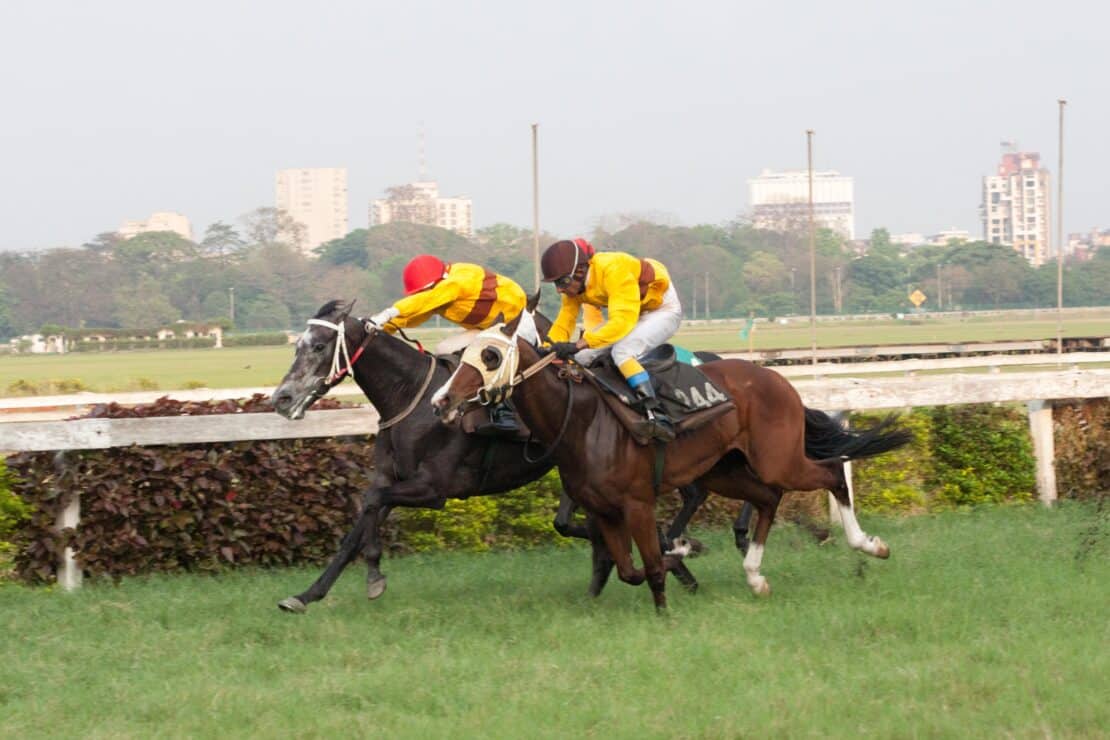 two jockeys in yellow jerseys racing in one of the events from the Indian horse racing calendar