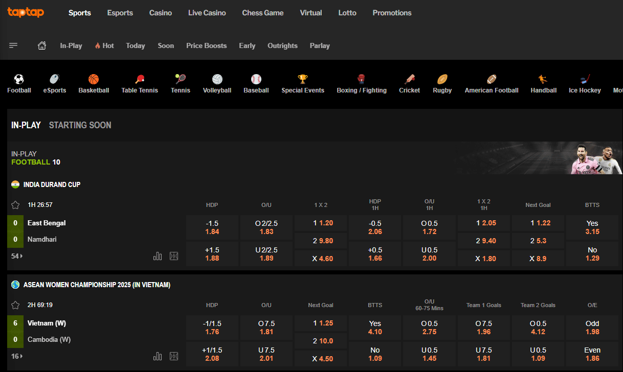Screenshot of the TapTap sports betting platform