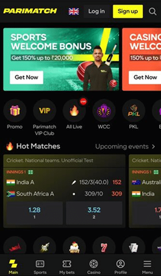 Screenshot of Parimatch platform on mobile showing the home page of Parimatch