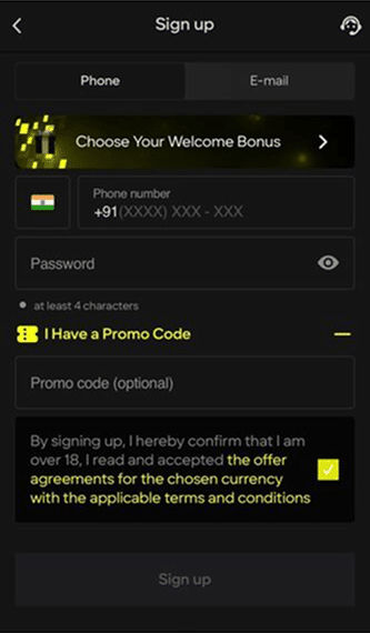 Screenshot of Parimatch platform on mobile showing the sign up form with the phone and email sign up methods.